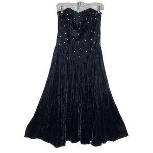 Black Velvet Sleeveless Dress Sz 6 Rhinestones Prom Evening Goth Vintage 80s 90s